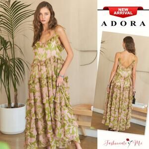 ADORA Abstract Floral Pattern Ruffled Tiered Scoop Neck Maxi Cami Dress | Sage